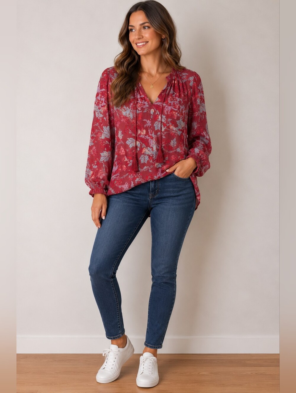 Lucky Brand Women’s Floral Tie-Neck Blouse - Red Size M